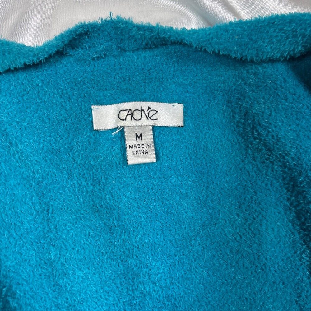 y2k Cache Sweater Teal Blue Excellent Fuzzy Chenille V-Neck Ribbed Waist Top M - Picture 4 of 5